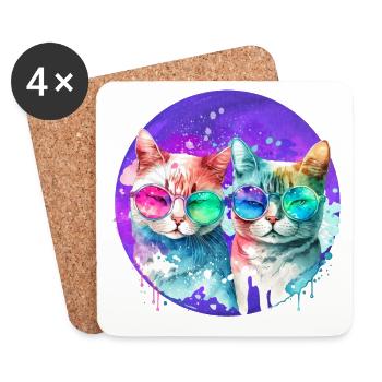 Regenbogenkatzen Paar - Untersetzer (4er-Set) - Weiß - Vorne