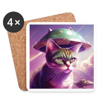 Vaisseau spatial extraterrestre de chat - Dessous de verre (lot de 4) - blanc - Devant