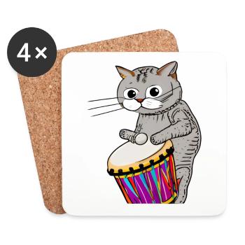 Cat Playing the Djembe Drummer Music Drum Musician - Coasters (set of 4) - white - Front