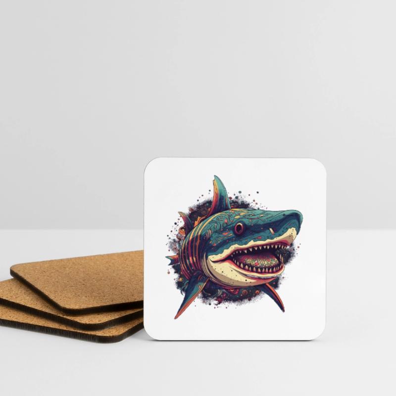 Cool trippy shark with boho patterns Coasters (set of 4)