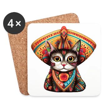 Chat en vêtements traditionnels sud-américains - Dessous de verre (lot de 4) - blanc - Devant