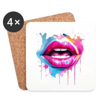 Lèvres colorées embrassant la bouche visage de femme - Dessous de verre (lot de 4) - blanc - Devant