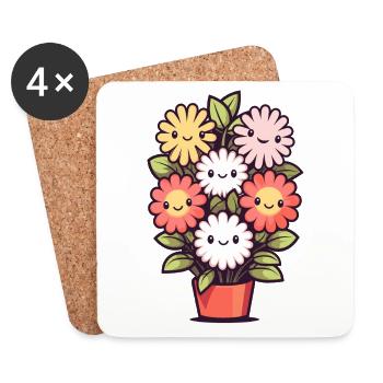 Lachende Blumen im Blumentopf - Untersetzer (4er-Set) - Weiß - Vorne