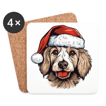 Chien mignon avec cadeau Kawaii chapeau de père Noël - Dessous de verre (lot de 4) - blanc - Devant