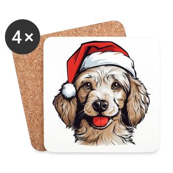 Chien mignon avec cadeau Kawaii chapeau de père Noël - Dessous de verre (lot de 4) - blanc - Devant