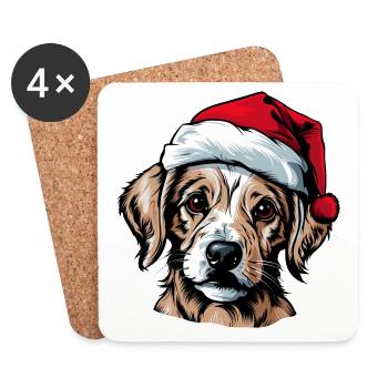 Chien mignon avec cadeau Kawaii chapeau de père Noël - Dessous de verre (lot de 4) - blanc - Devant