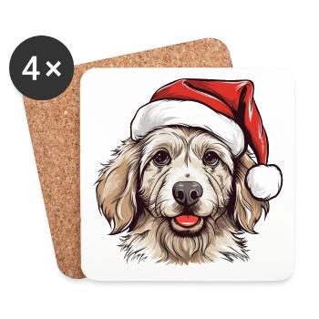 Chien mignon avec cadeau Kawaii chapeau de père Noël - Dessous de verre (lot de 4) - blanc - Devant