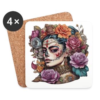 Mexican Woman Sugar Skull Style Floral Hair - Coasters (set of 4) - white - Front