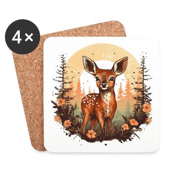 Cerf mignon avec des fleurs Animal Motif fauve - Dessous de verre (lot de 4) - blanc - Devant