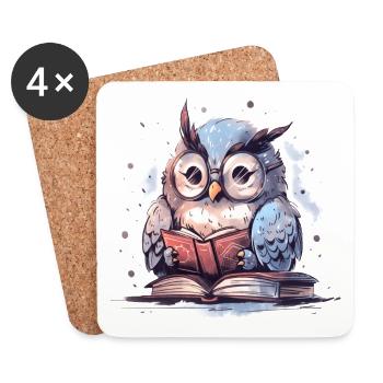 Cute Owl Book Reading Fan Books - Coasters (set of 4) - white - Front