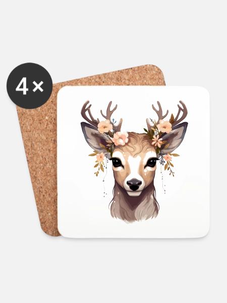Deer stag with flowers in antlers - Coasters (set of 4) - white
