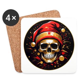 Crâne de Noël coloré avec chapeau de père Noël - Dessous de verre (lot de 4) - blanc - Devant