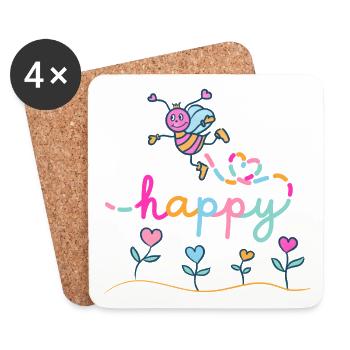 Soyez heureux - Abeille heureuse avec des fleurs de cœur - Dessous de verre (lot de 4) - blanc - Devant
