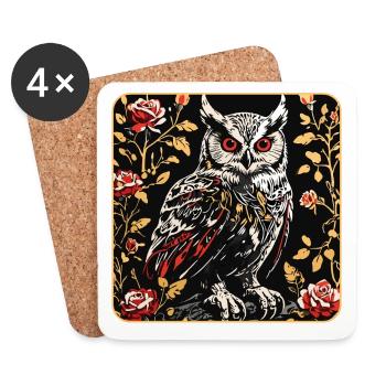 Hibou avec des vrilles de pétales de rose en aspect gravure sur bois - Dessous de verre (lot de 4) - blanc - Devant
