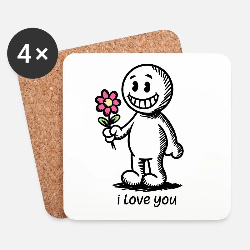 Strichmännchen mit Blume I LOVE YOU - Untersetzer (4er-Set) - Weiß