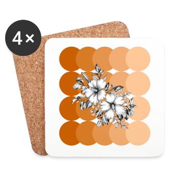 Floral Ink Art with Orange Circles - Coasters (set of 4) - white - Front