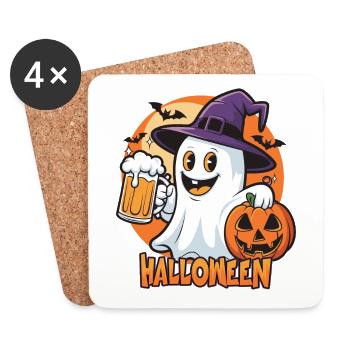 Halloween Ghost with Beer and Pumpkin - Coasters (set of 4) - white - Front