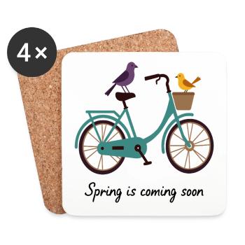Le printemps arrive, vélo avec des oiseaux - Dessous de verre (lot de 4) - blanc - Devant