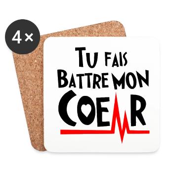 TU FAIS BATTRE MON COEUR ! (amour) noir - Dessous de verre (lot de 4) - blanc - Devant