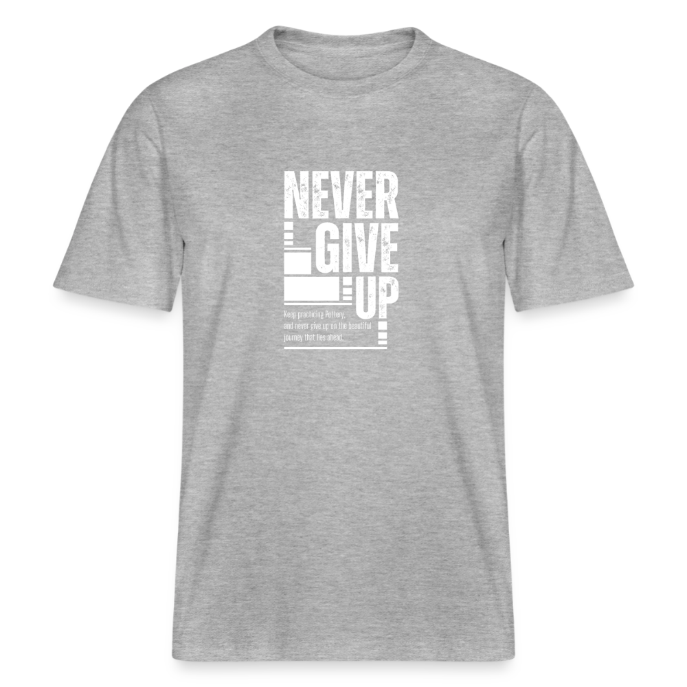 Never Give Up · Organic T-shirt — heather grey — front